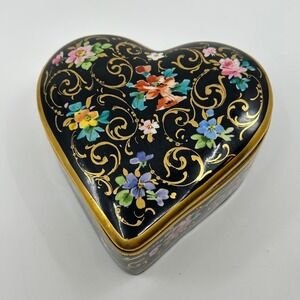 Vintage Handpainted Osborne Heart Box Trinket Box Gift Box Black Gold Floral